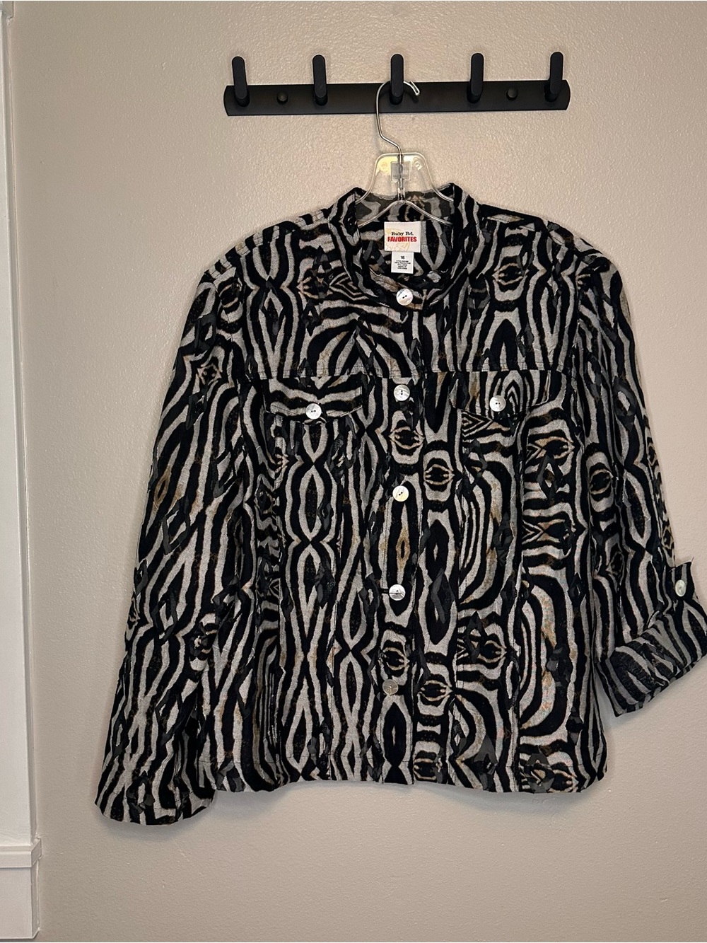 Ruby Rd. Black & Cream Patterned Sheer Jacket